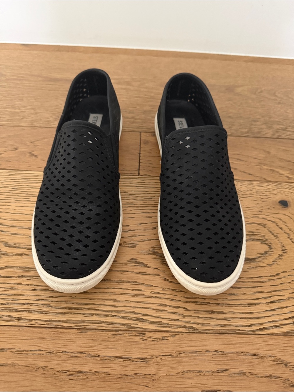Steve Madden Black Perforated Slip-On Loafers with White Sole 9